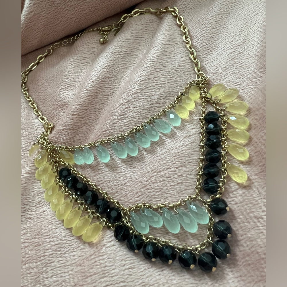 Lia Sophia Faceted Teardrop Smoke, Yellow, and Mint Layered Gold Bib Necklace